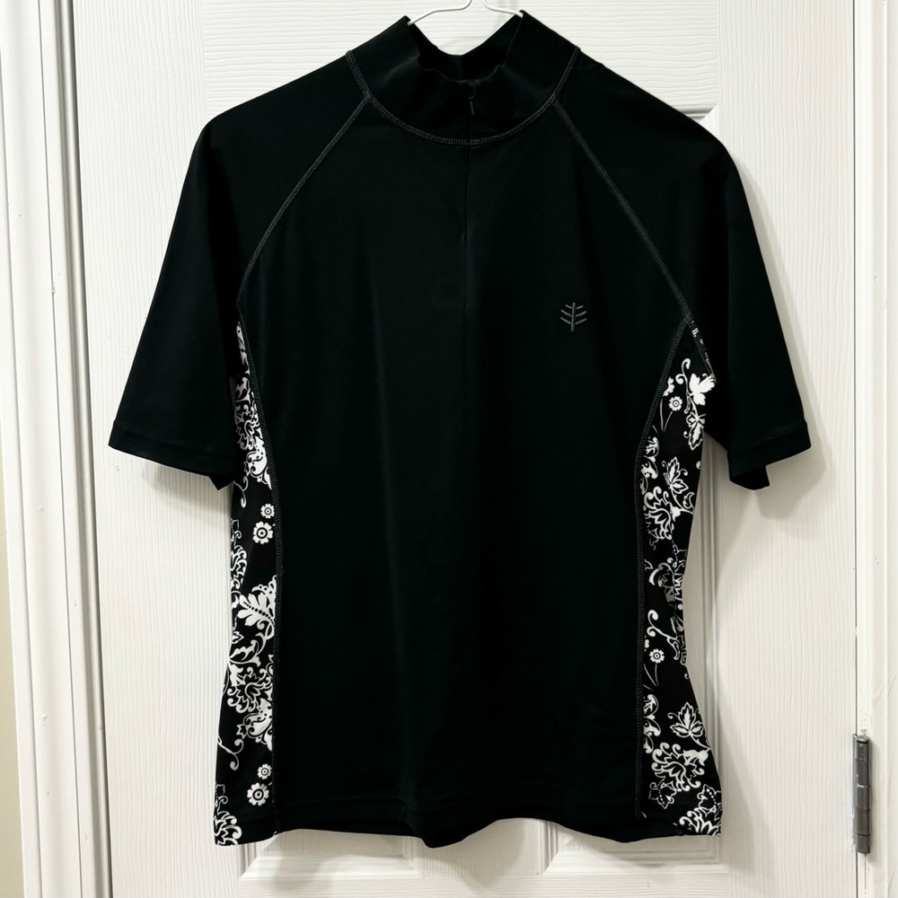 Coolibar SPF 50+ Black White Floral Print Half Zip Rashguard Swim Top Size Small - Picture 3 of 9